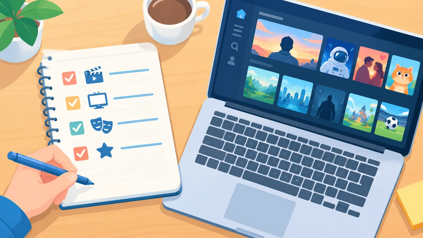 Catatan kriteria pemilihan film di samping laptop yang menampilkan aplikasi streaming
