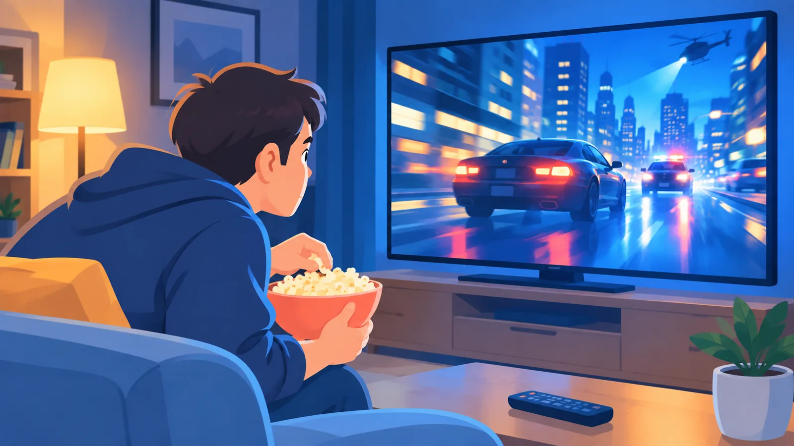 Ruang keluarga gelap dengan penonton menikmati film aksi di televisi besar