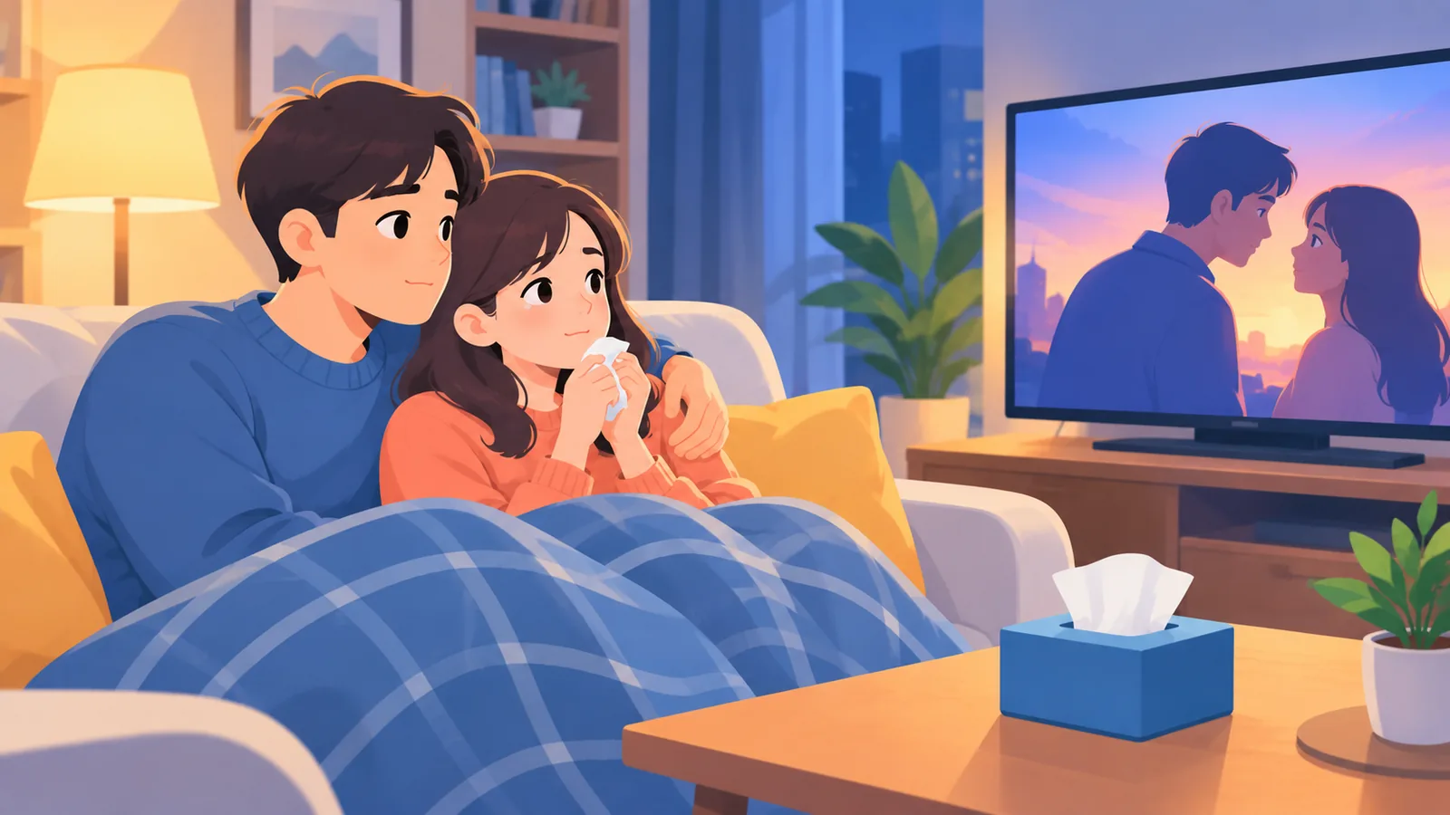 Pasangan menonton film drama di sofa dengan selimut pada malam hari