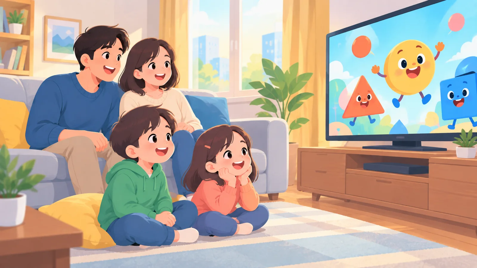 Anak-anak duduk di karpet menonton film animasi berwarna-warni bersama orang tua