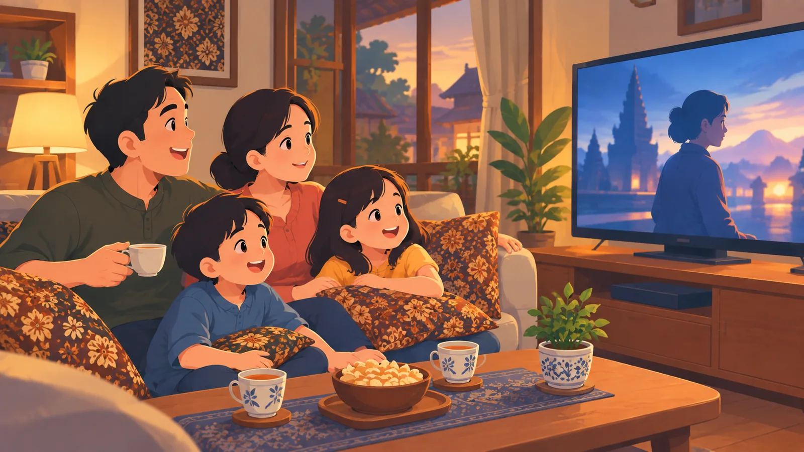 Keluarga Indonesia menonton film lokal di ruang tamu sambil minum teh