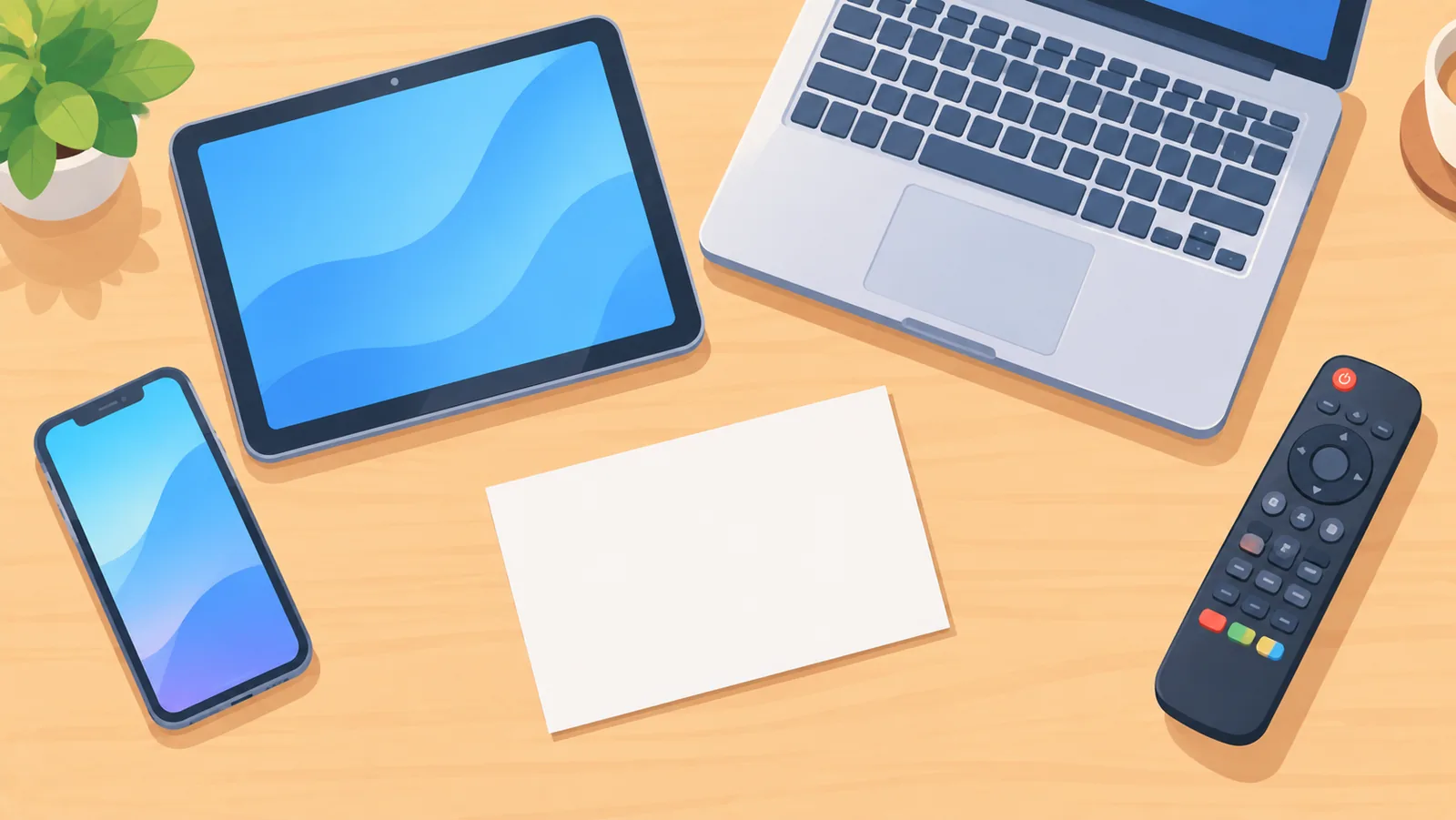 Ponsel, tablet, laptop, dan remote televisi tertata di atas meja untuk perbandingan layanan