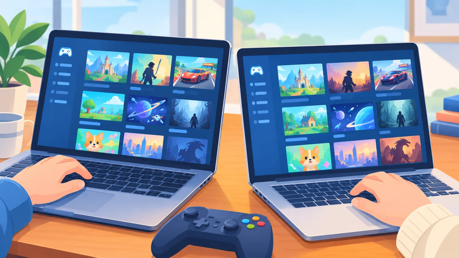 Ilustrasi konsep berbagi pustaka game Steam antar perangkat