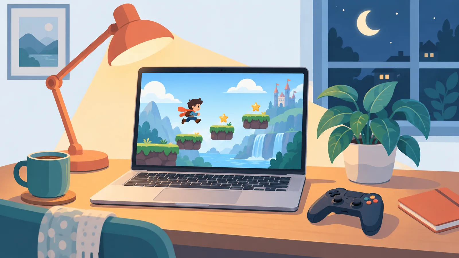 Suasana santai bermain game indie di Mac