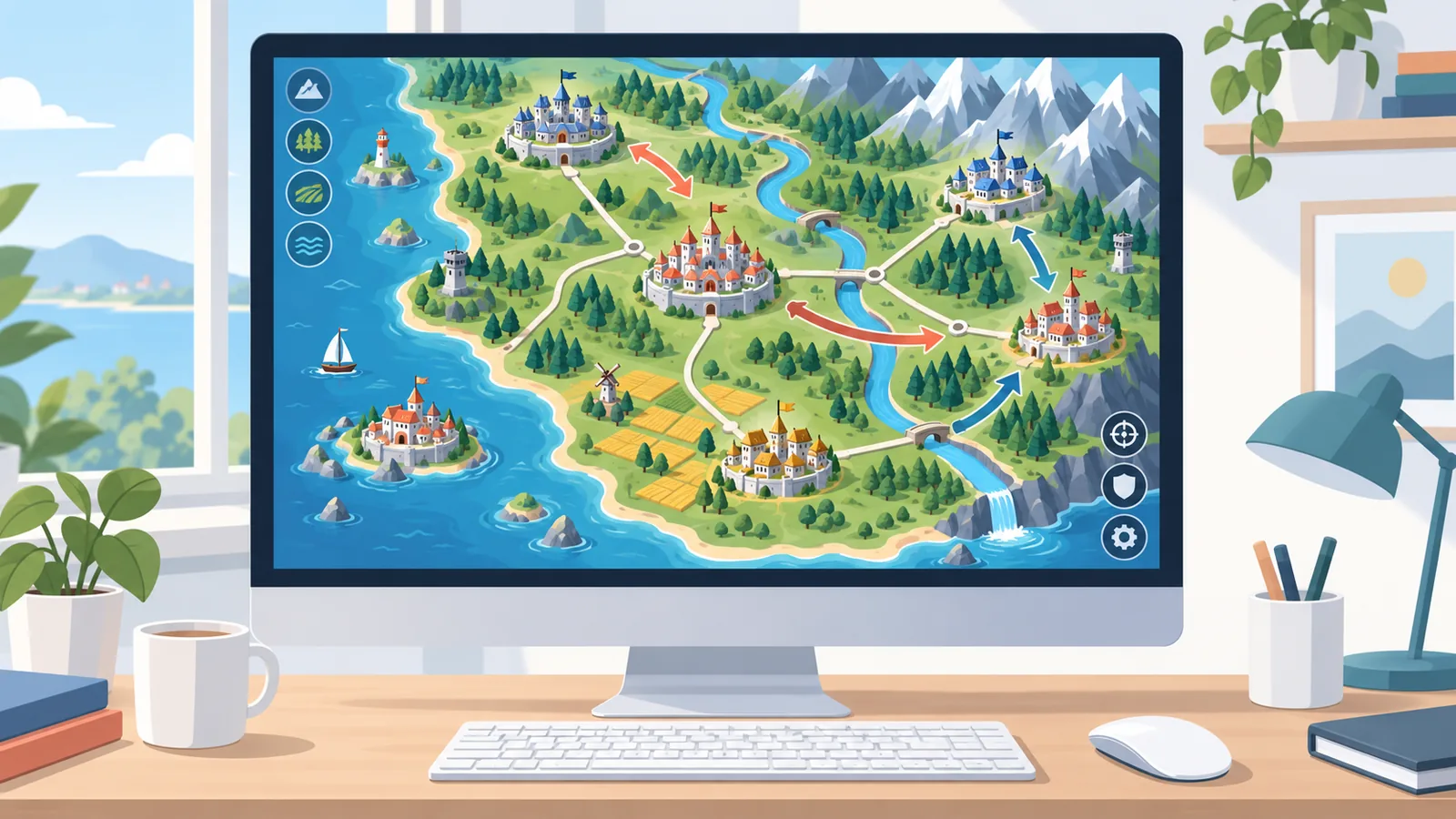 Layar Mac menampilkan peta strategi dalam game turn-based