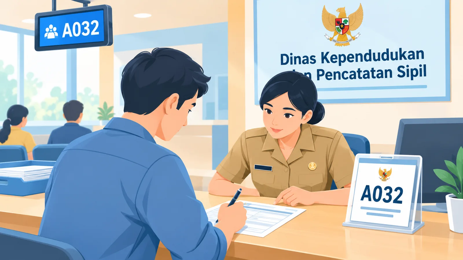 Warga mengisi formulir di kantor layanan kependudukan