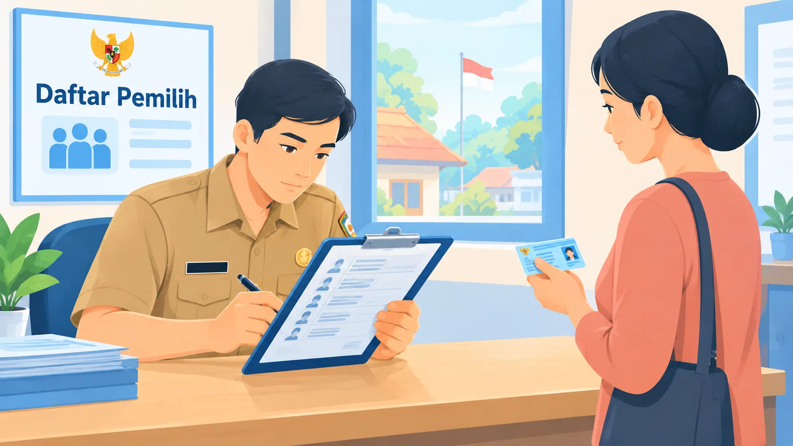 Petugas pemilihan memverifikasi data pemilih