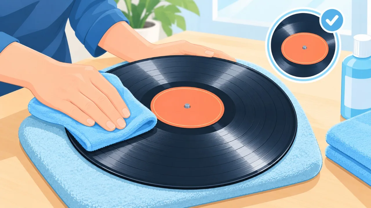 Sudut mendengarkan yang rapi dengan turntable dan alat perawatan