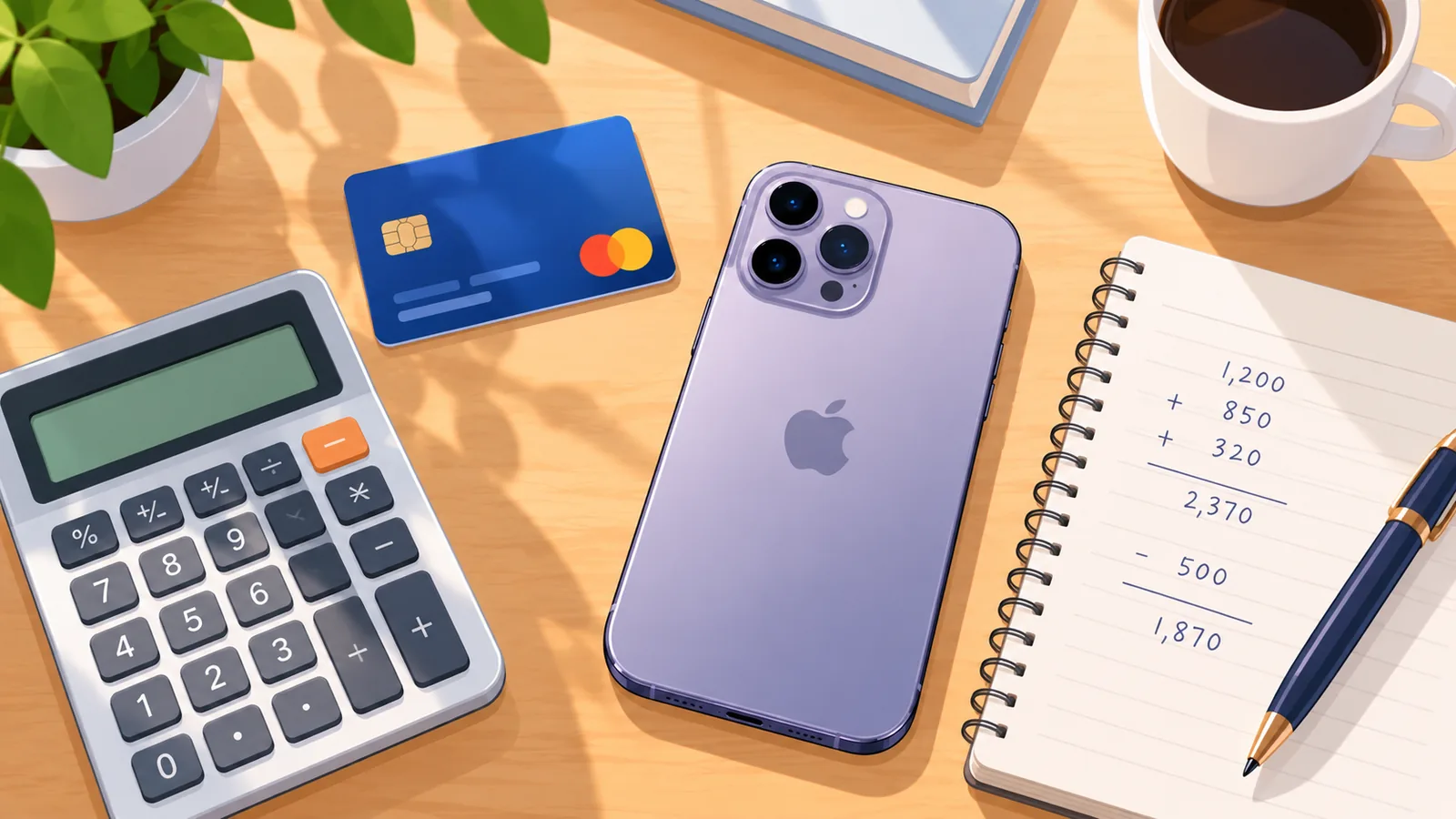 Kalkulator dan kartu kredit di samping iPhone