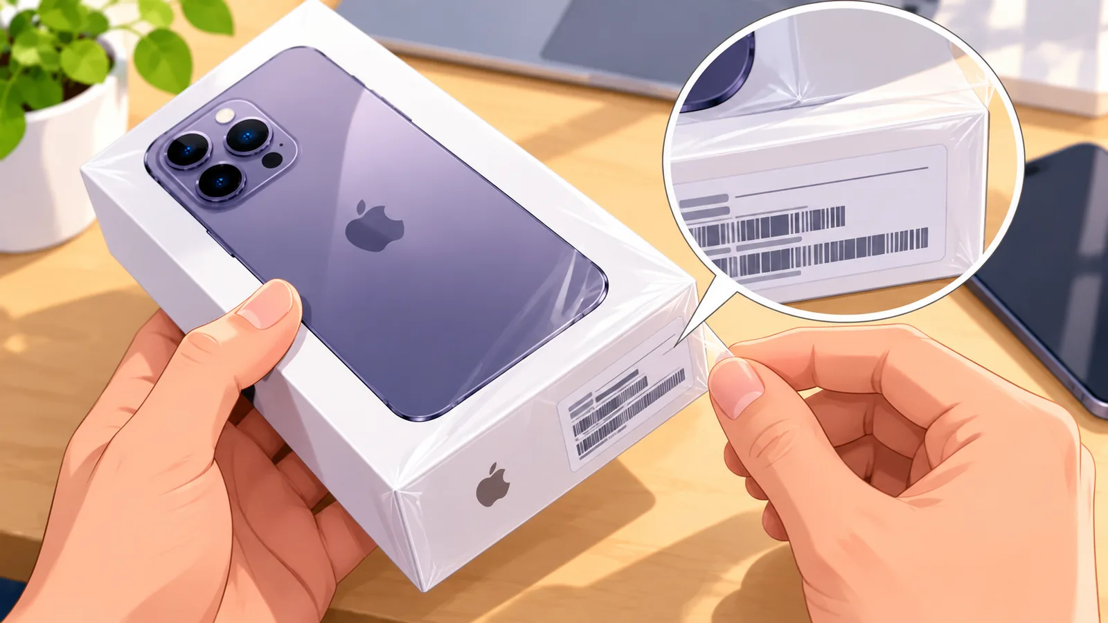 Tangan memeriksa segel kotak dan nomor seri iPhone