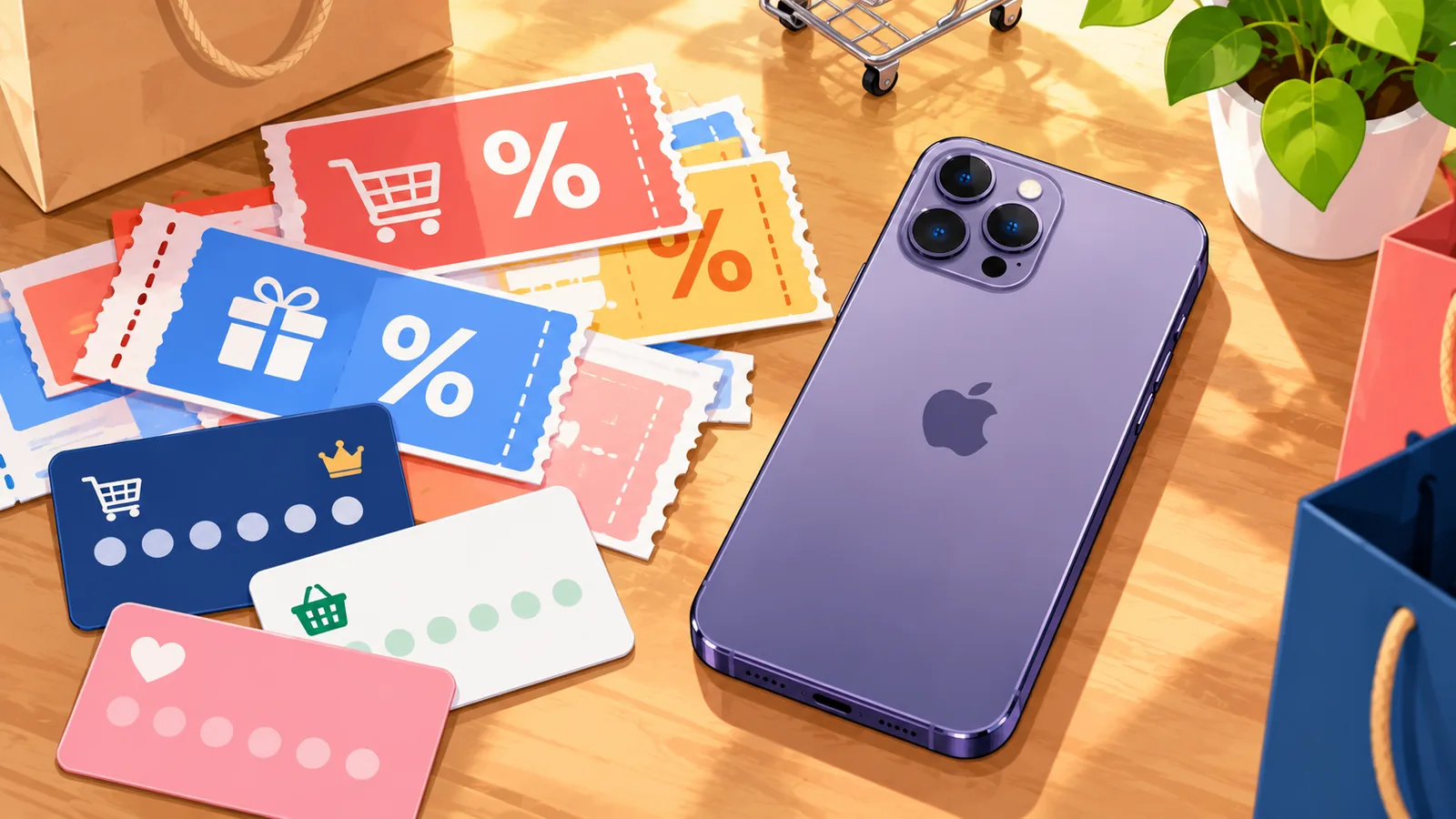 Voucher dan kartu diskon di sebelah iPhone
