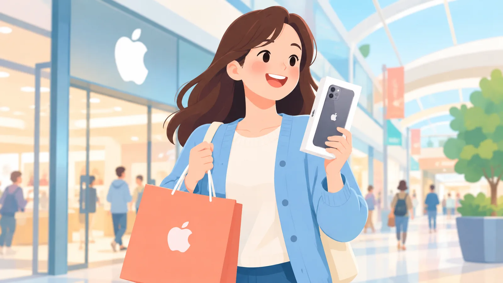 Pembeli membawa kantong belanja dan iPhone baru
