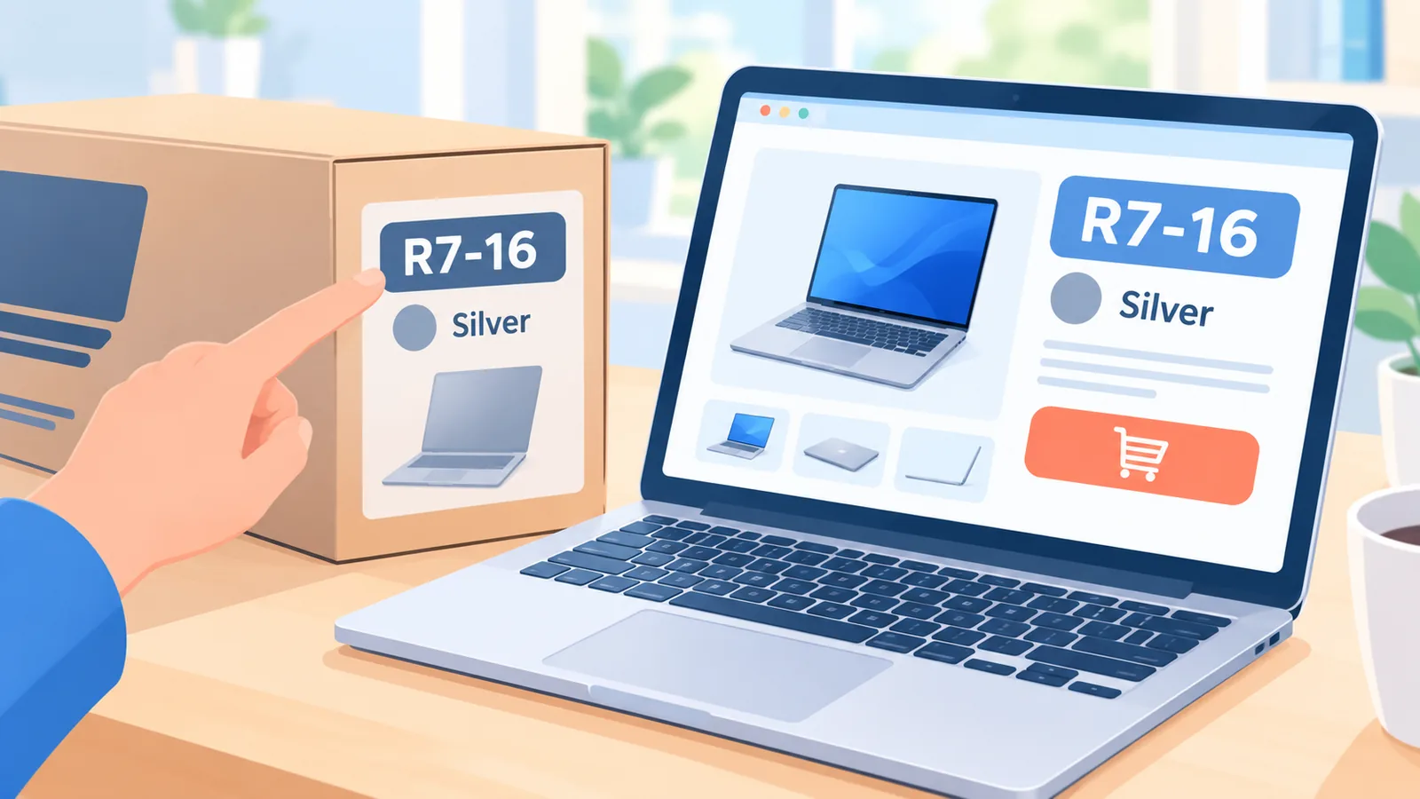 Buku catatan berisi daftar syarat di samping laptop yang menampilkan halaman produk