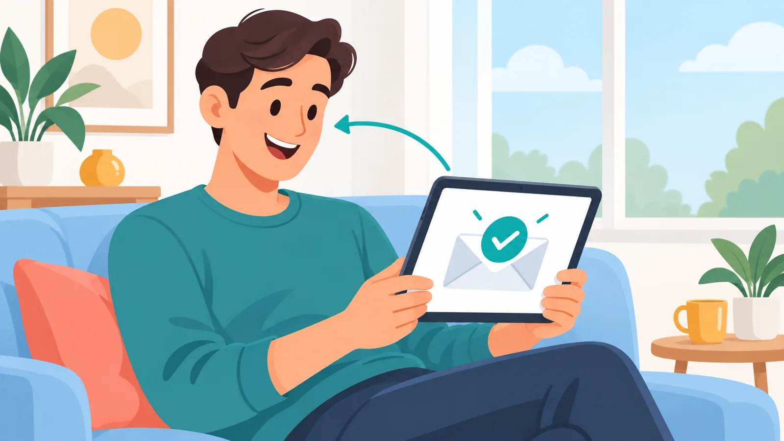 Seseorang tersenyum melihat email konfirmasi di tablet