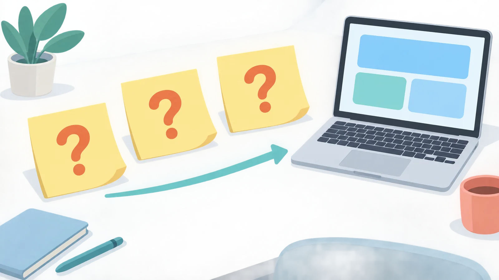 Kertas tempel bertanda tanya di meja kerja yang rapi di samping laptop