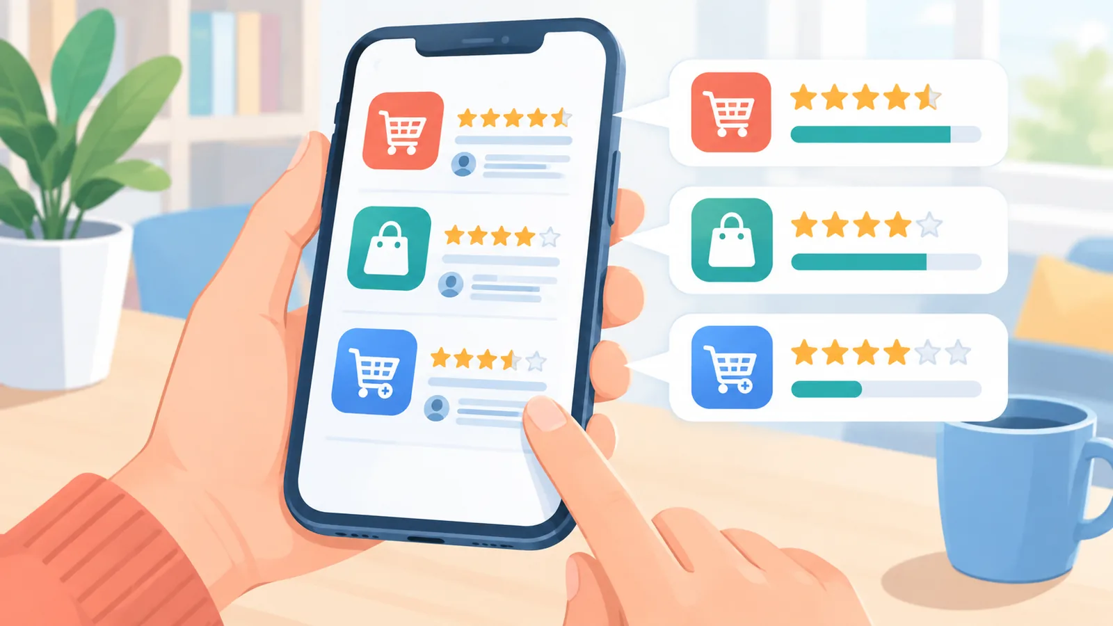 Tangan memegang ponsel membandingkan rating aplikasi belanja