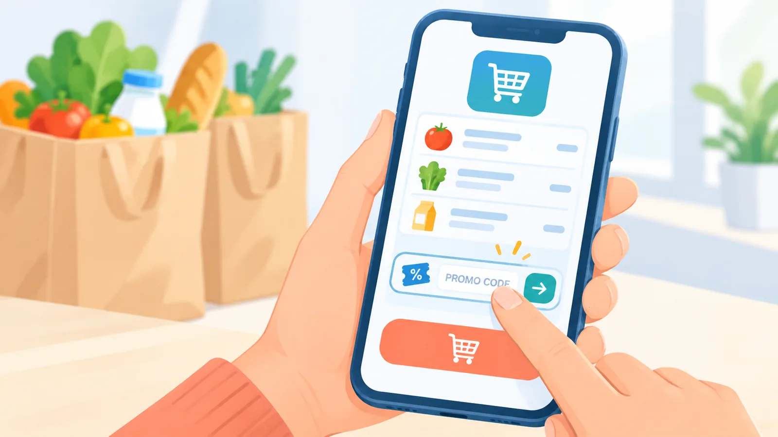 Tangan memasukkan kode kupon pada halaman checkout aplikasi belanja