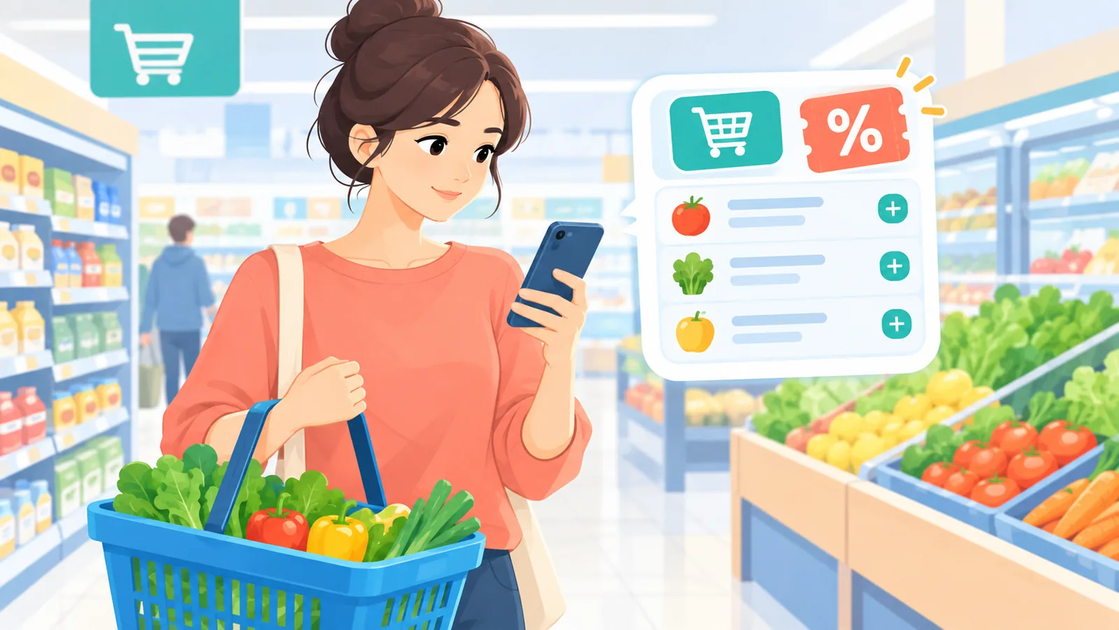 Pembeli memeriksa aplikasi promo sambil membawa keranjang belanja di supermarket