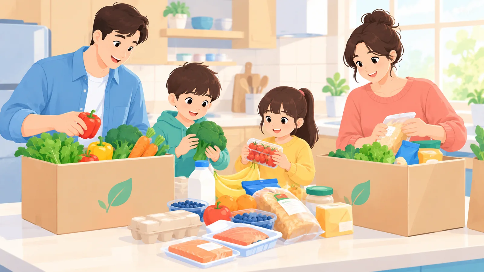 Keluarga membuka kotak belanja bahan makanan hasil pesanan daring