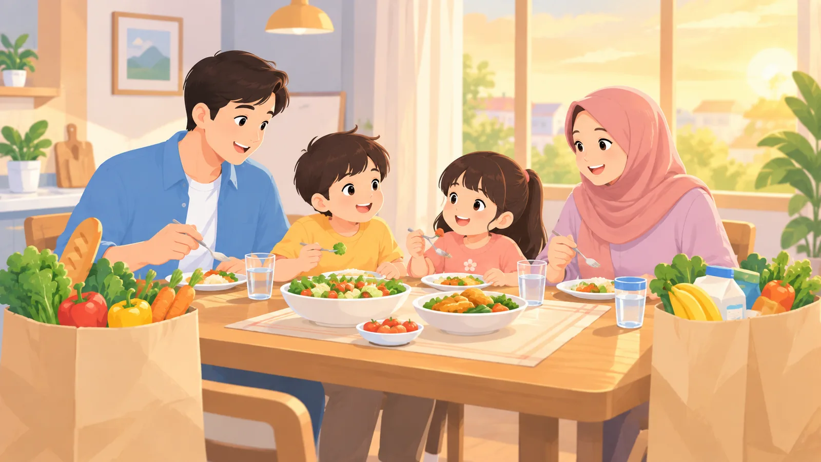 Keluarga bahagia duduk bersama dengan tas belanja bahan makanan di dekatnya
