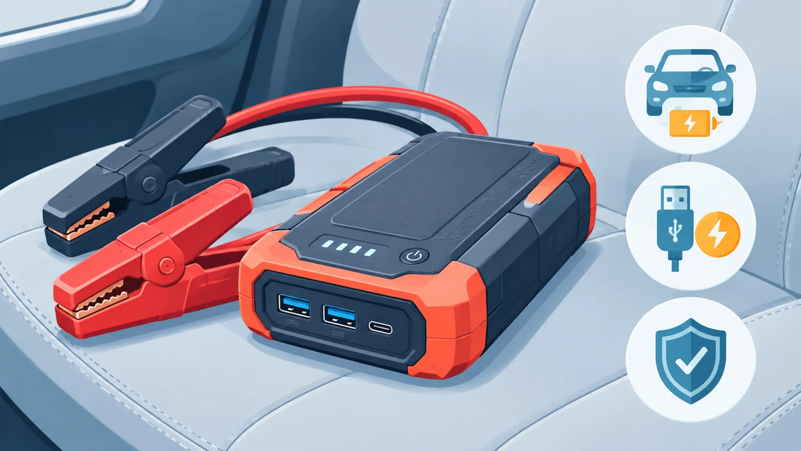 Avviatore di emergenza portatile con pinze e porte USB
