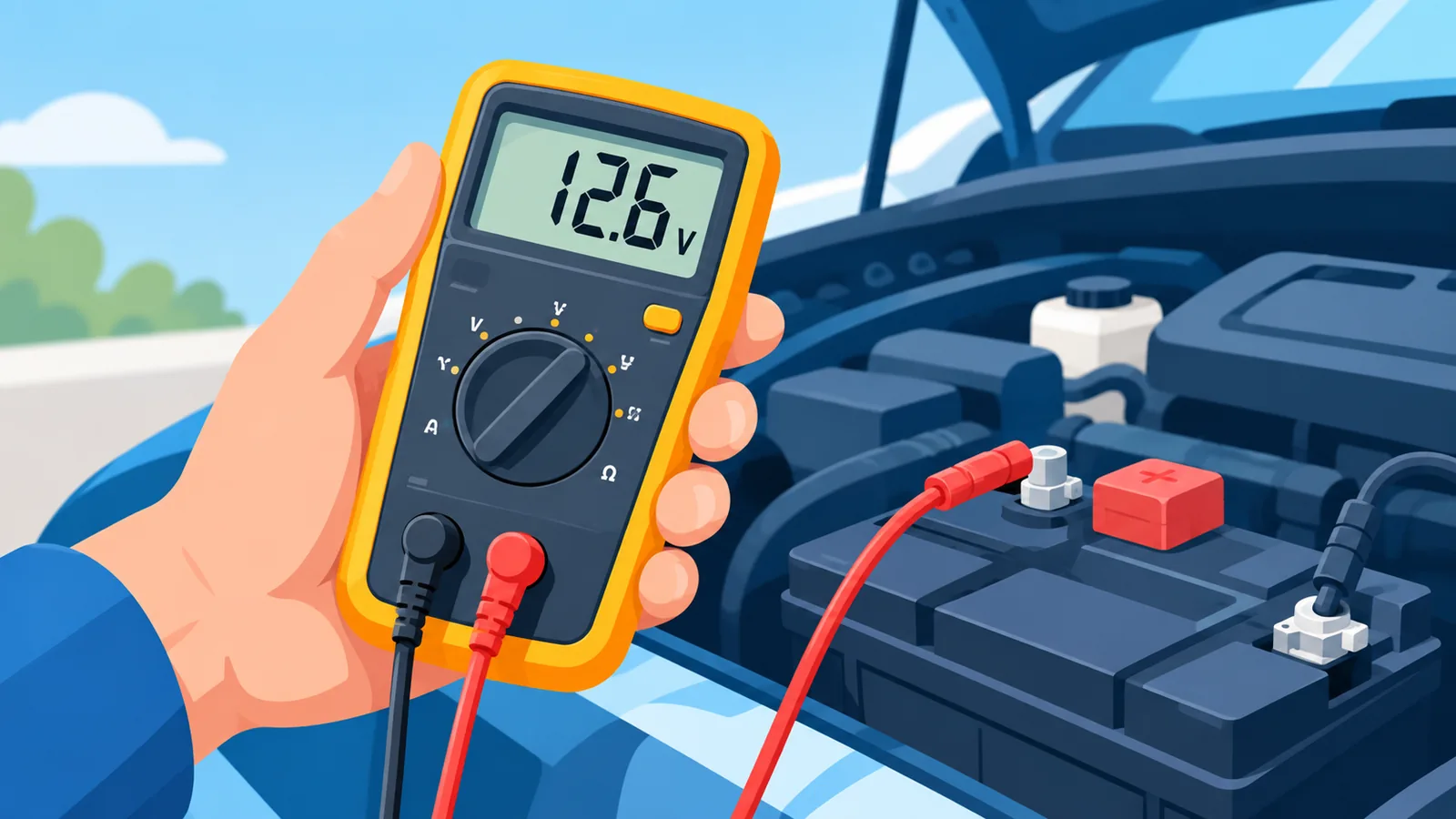 Multimetro digitale usato per controllare la batteria dell'auto
