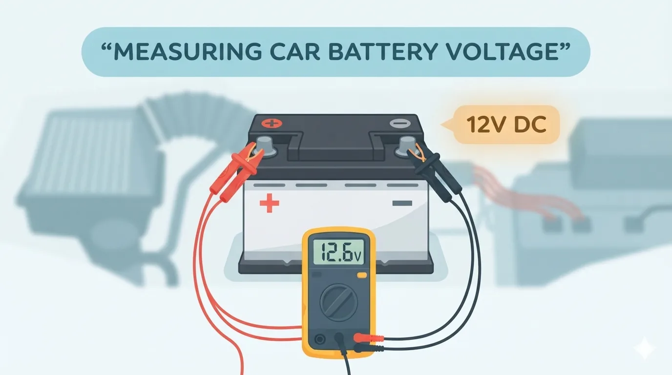 Puntali del multimetro collegati ai poli della batteria auto