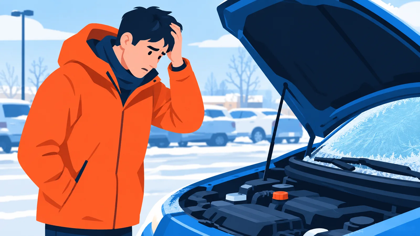 Automobilista in difficoltà con auto che non parte in un parcheggio invernale