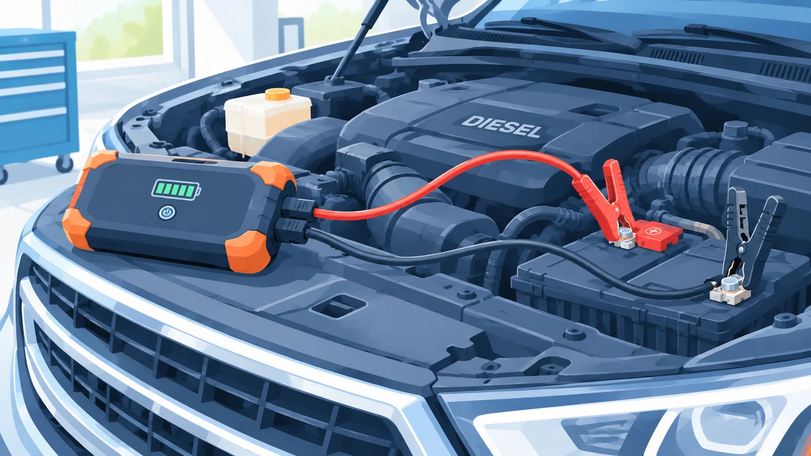 Motore diesel di un SUV con avviatore di emergenza posizionato accanto