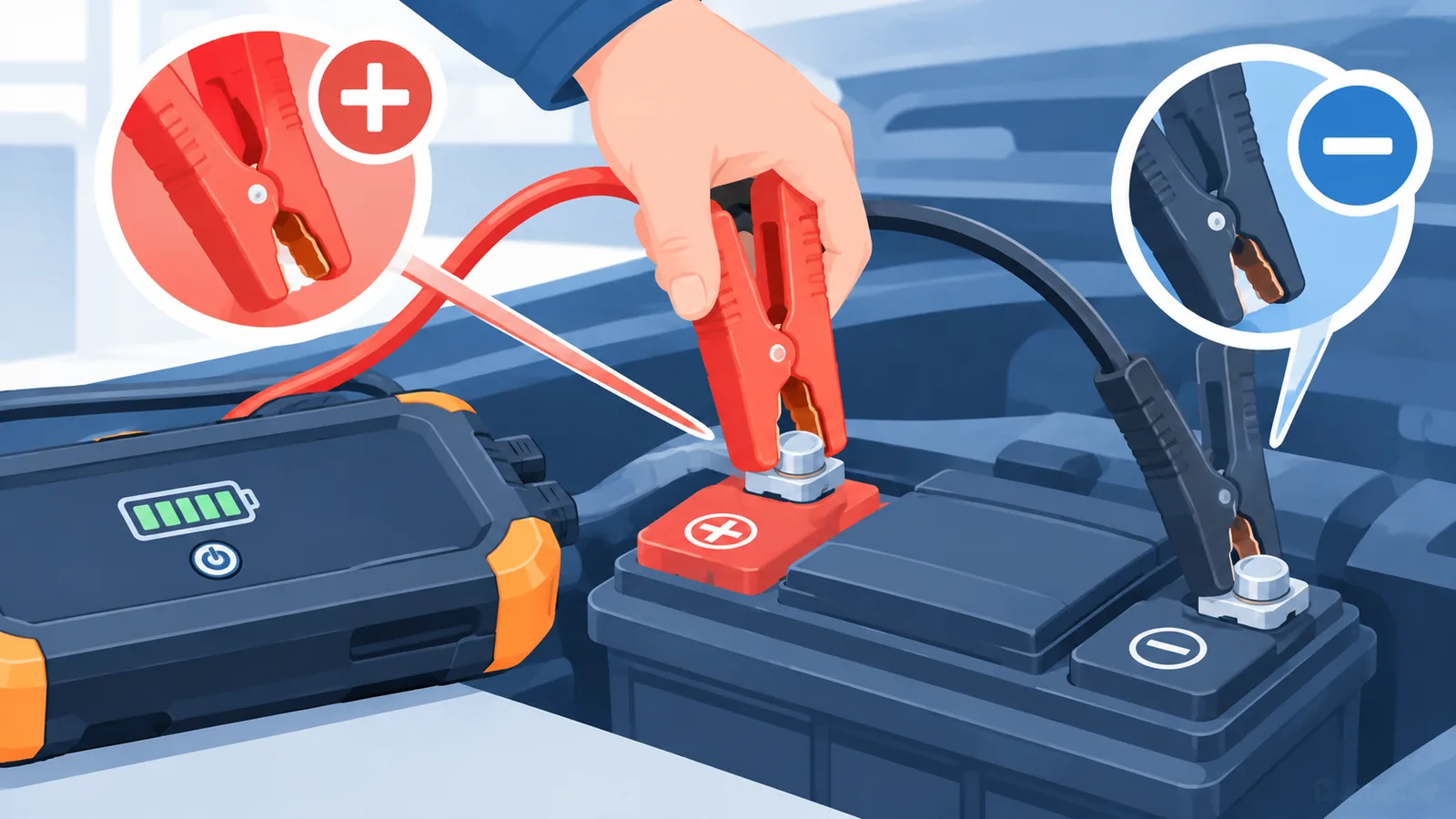 Pinze di sicurezza di un avviatore di emergenza con indicatori di polarità
