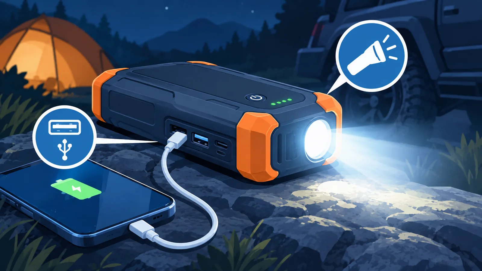 Avviatore di emergenza multifunzione con torcia accesa e porta USB