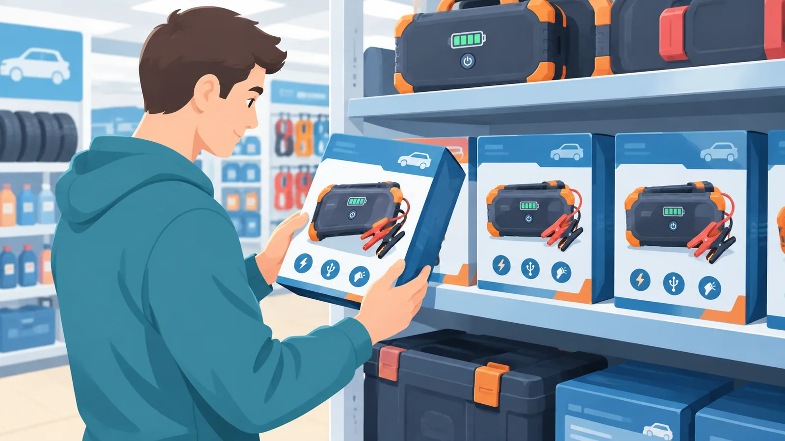 Persona che valuta un avviatore di emergenza in un negozio di accessori auto