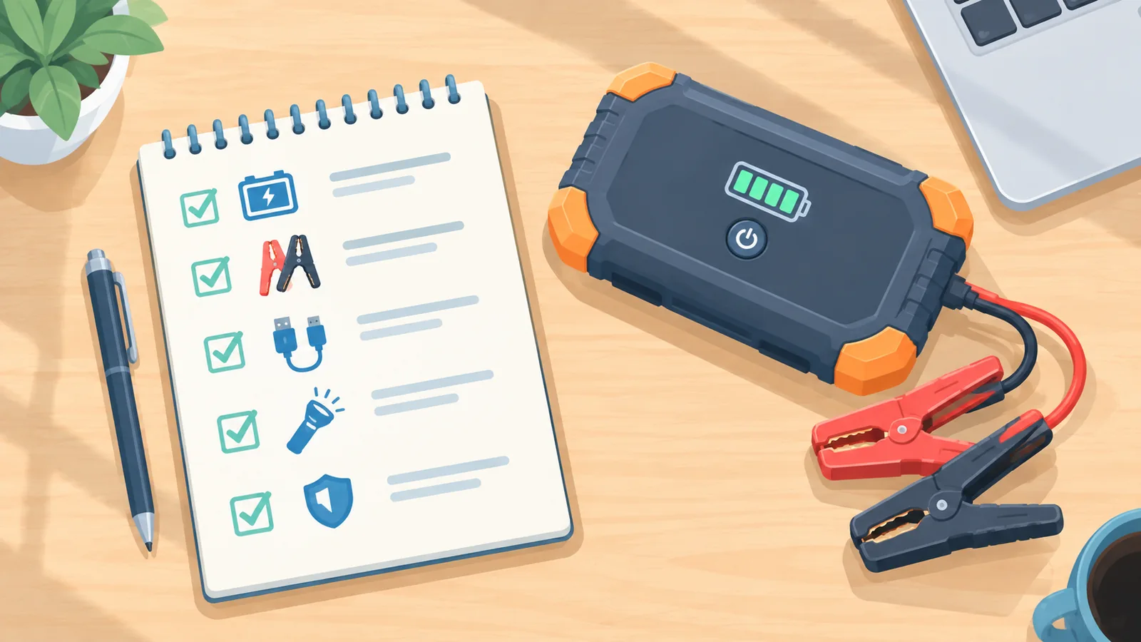 Blocco note con checklist scritta a mano accanto a un avviatore di emergenza