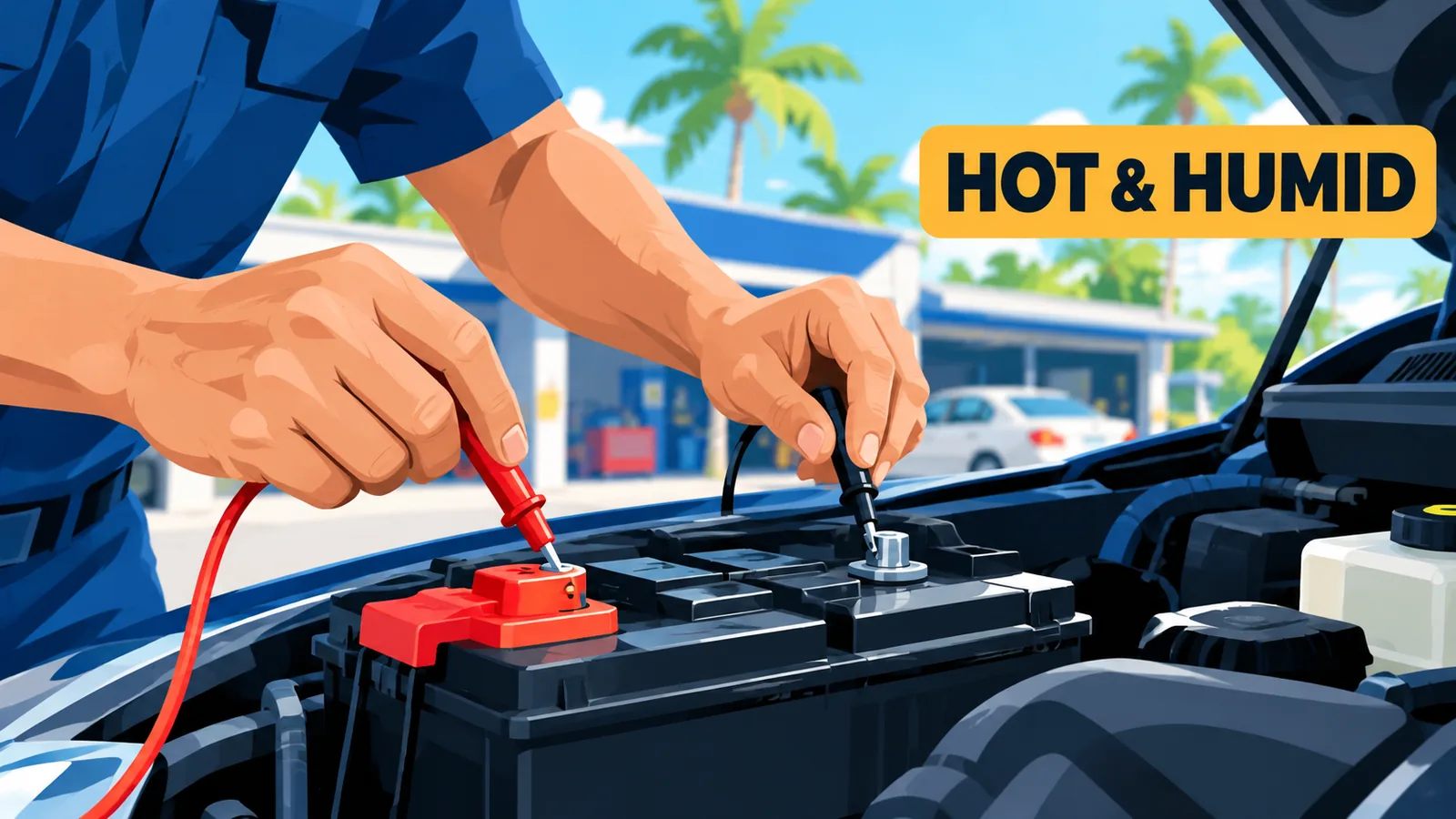Controllo della batteria auto sotto il cofano in clima caldo-umido