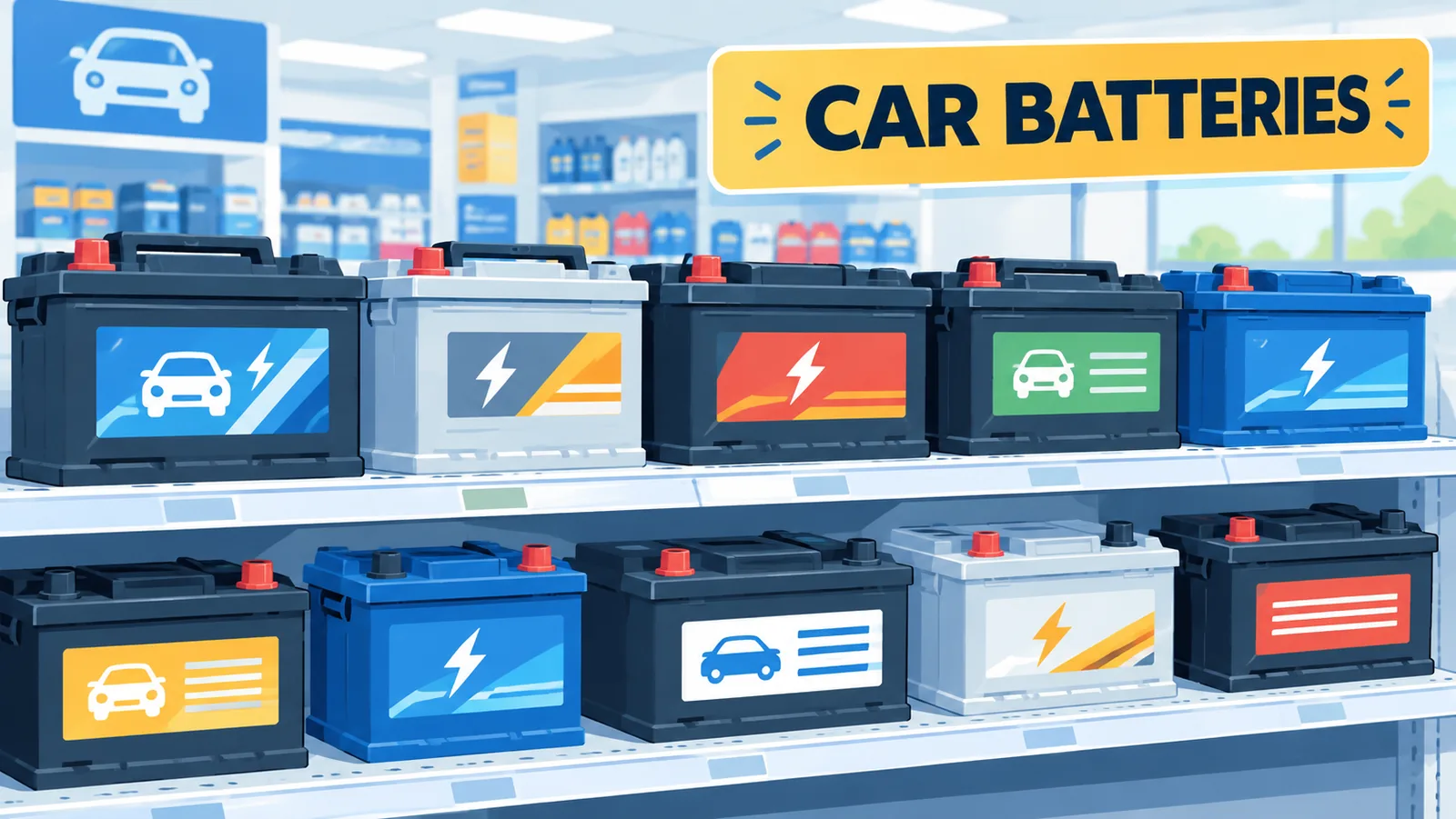 Scaffale di negozio con diverse marche di batterie auto