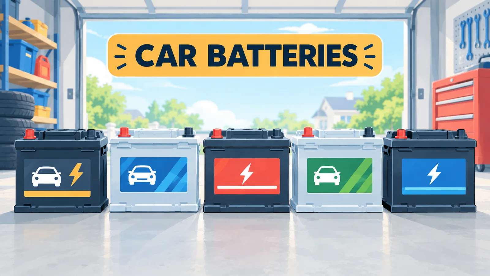 Confronto visivo tra diverse batterie auto in garage