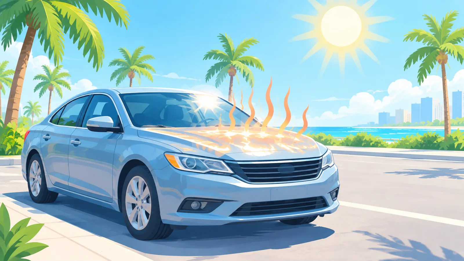 Auto parcheggiata sotto il sole tropicale intenso