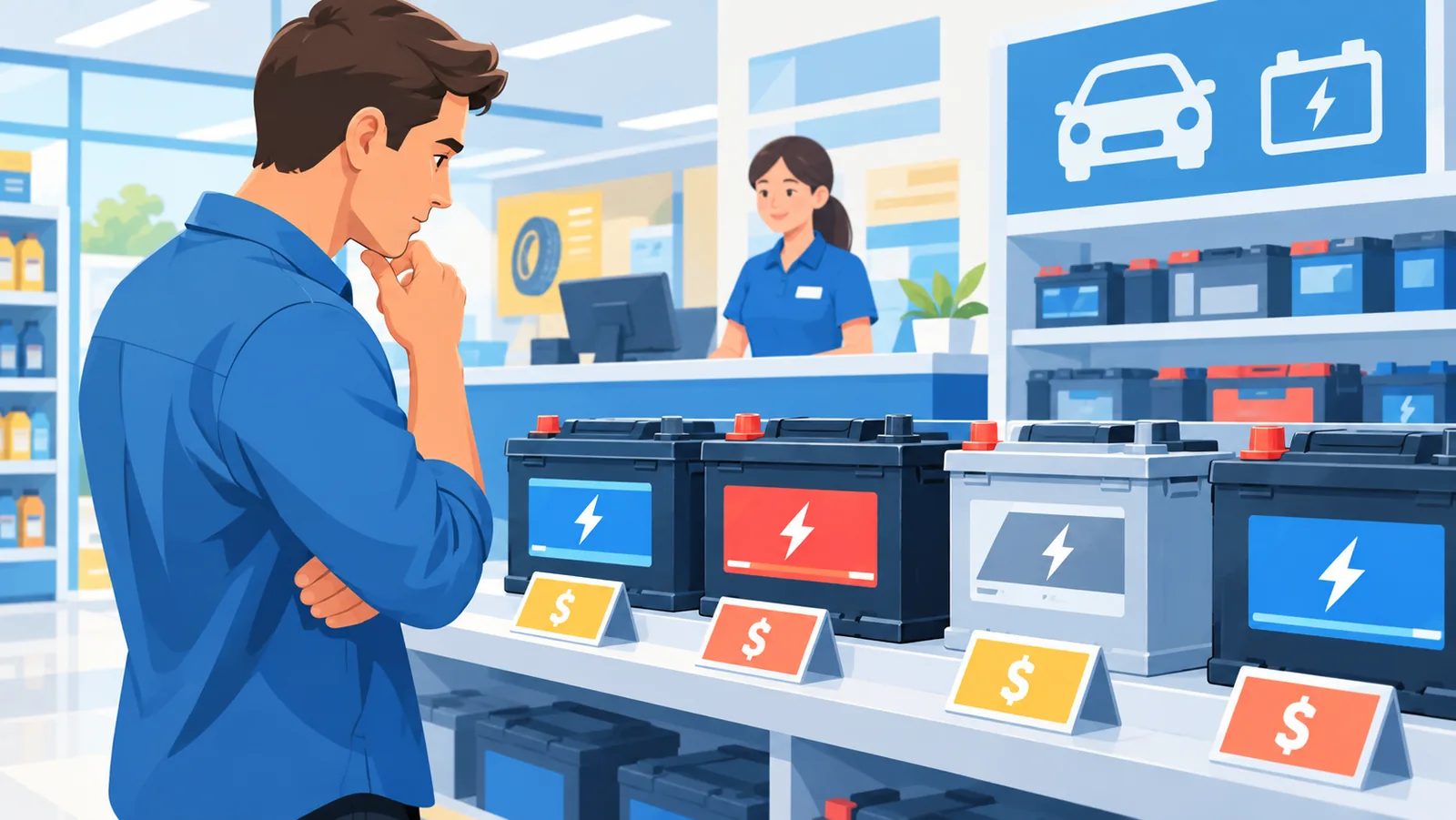 Cliente che confronta i prezzi delle batterie auto in negozio