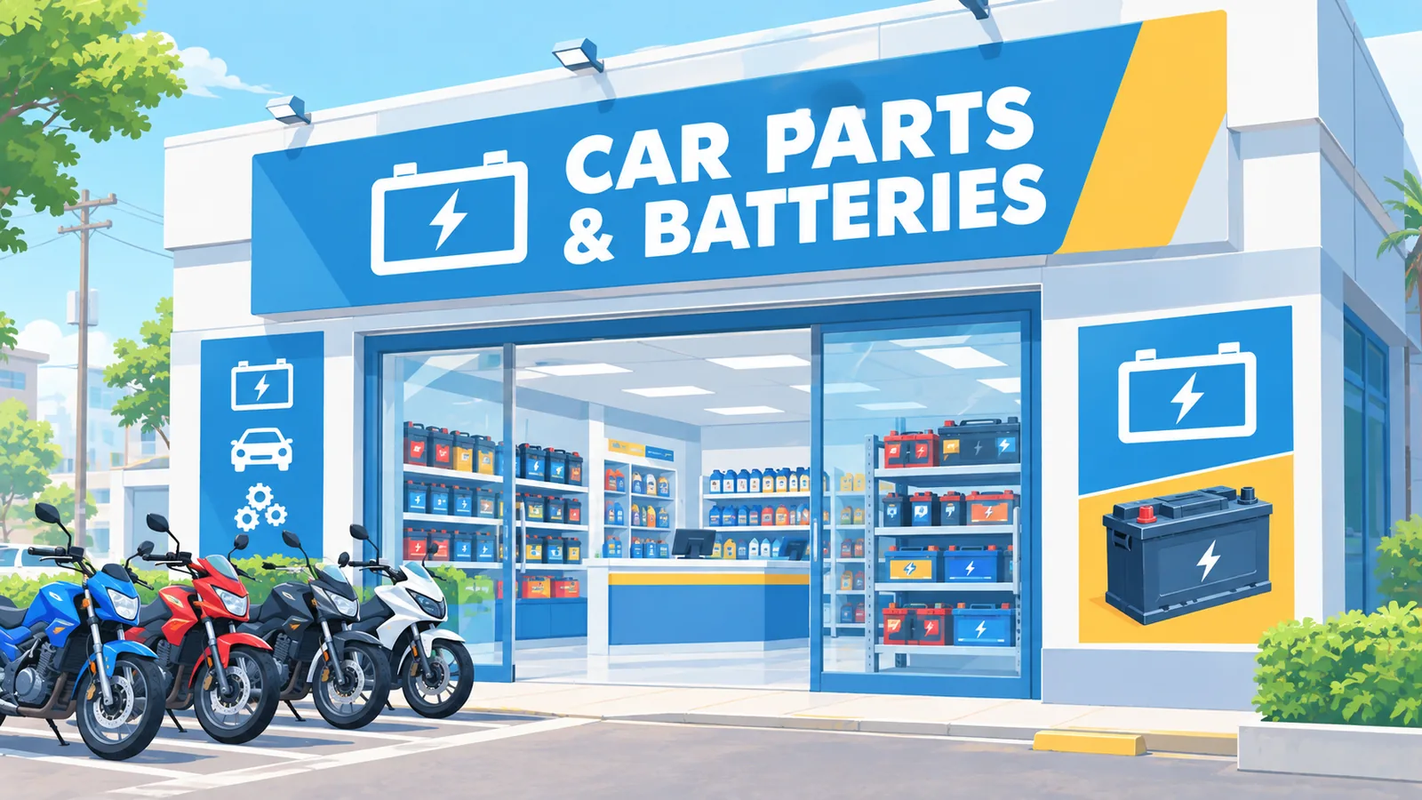 Negozio di ricambi auto e batterie con insegna esterna