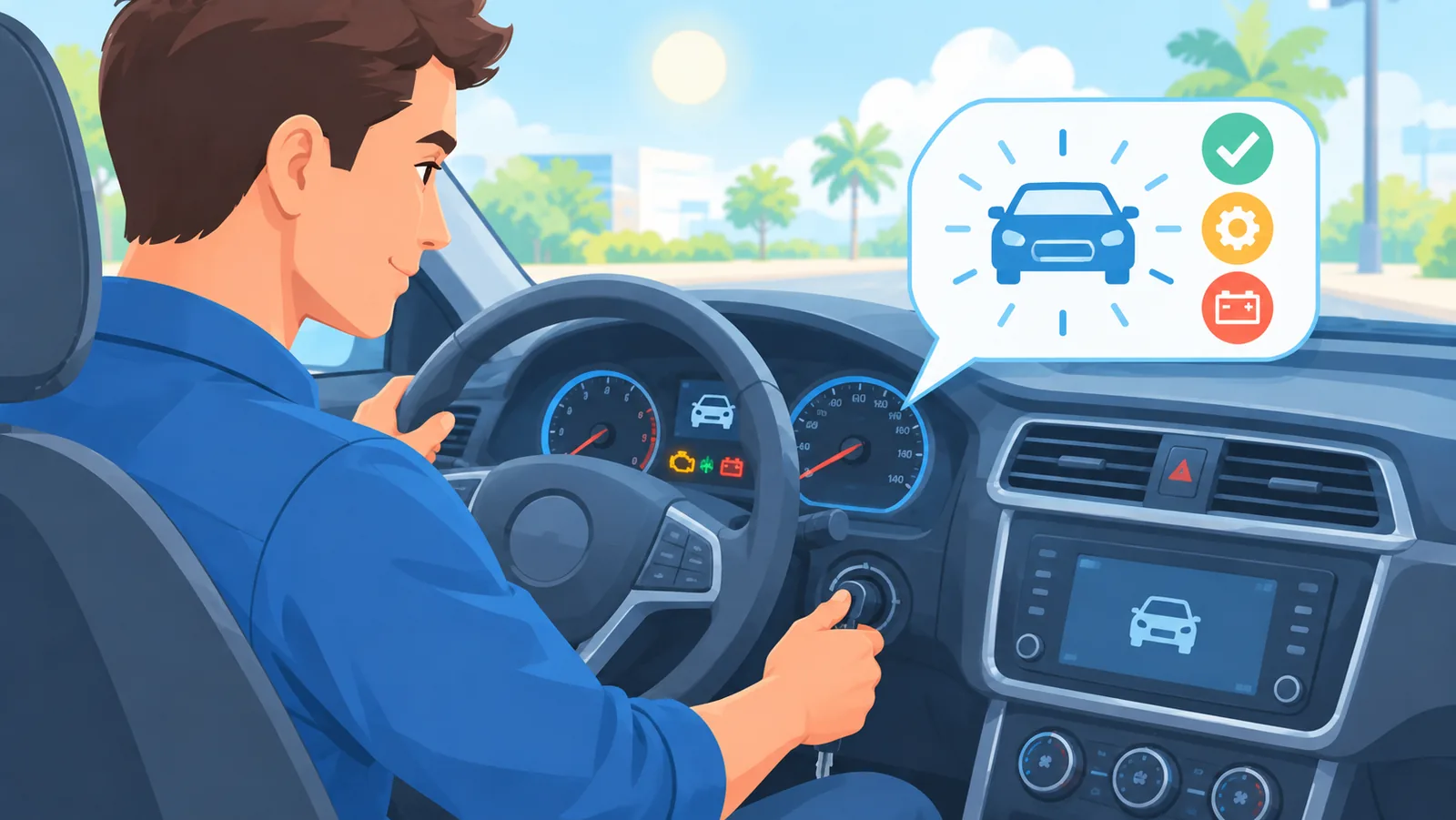 Avvio del motore dell'auto in una mattina soleggiata