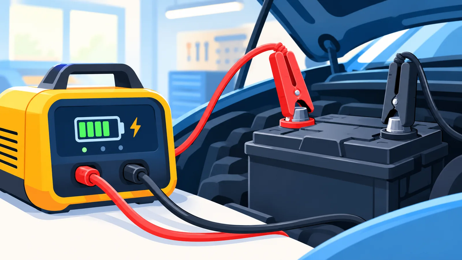 Caricabatterie collegato a una batteria auto sotto il cofano