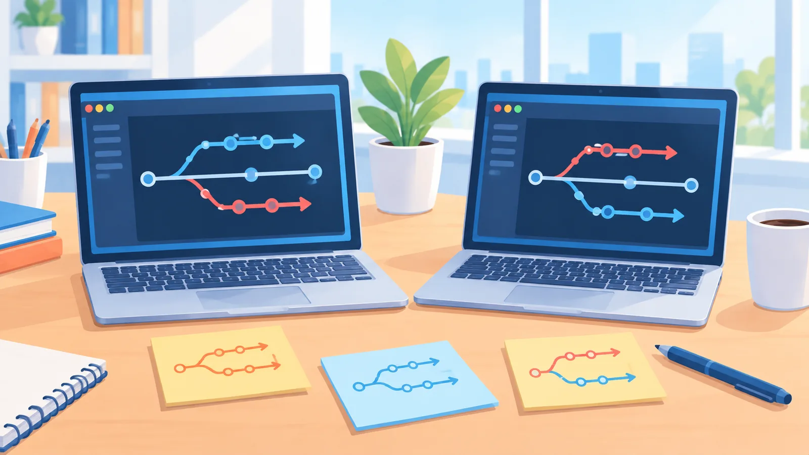 Diagramma di branch di lavoro paralleli su post-it accanto a due laptop