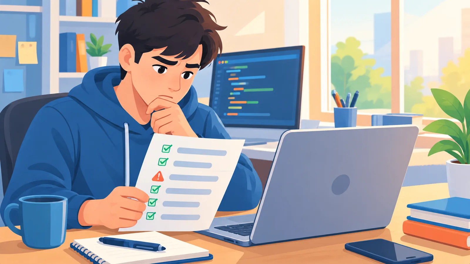 Sviluppatore che controlla una checklist di risoluzione problemi