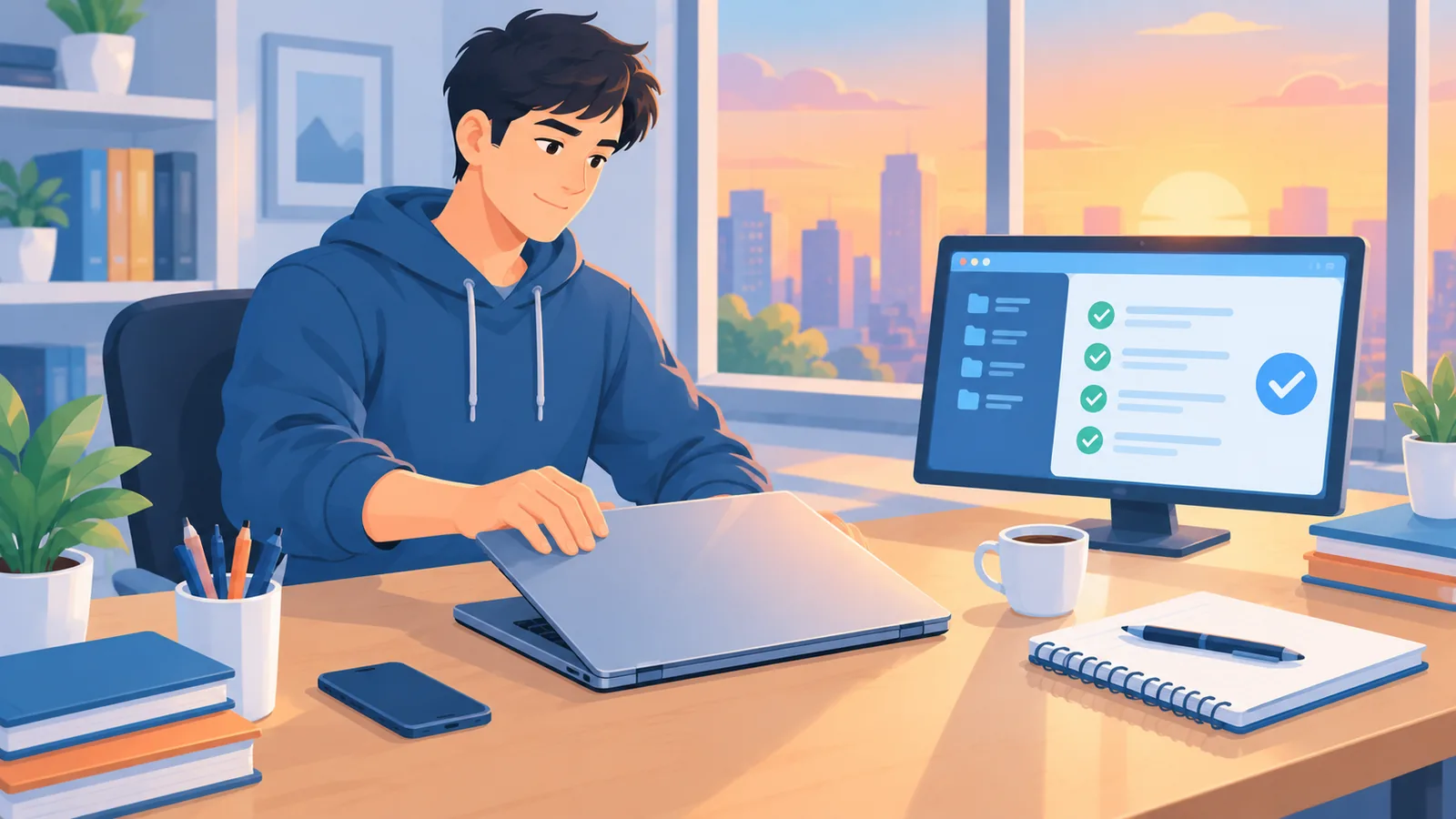 Sviluppatore che chiude il laptop a fine sessione di lavoro