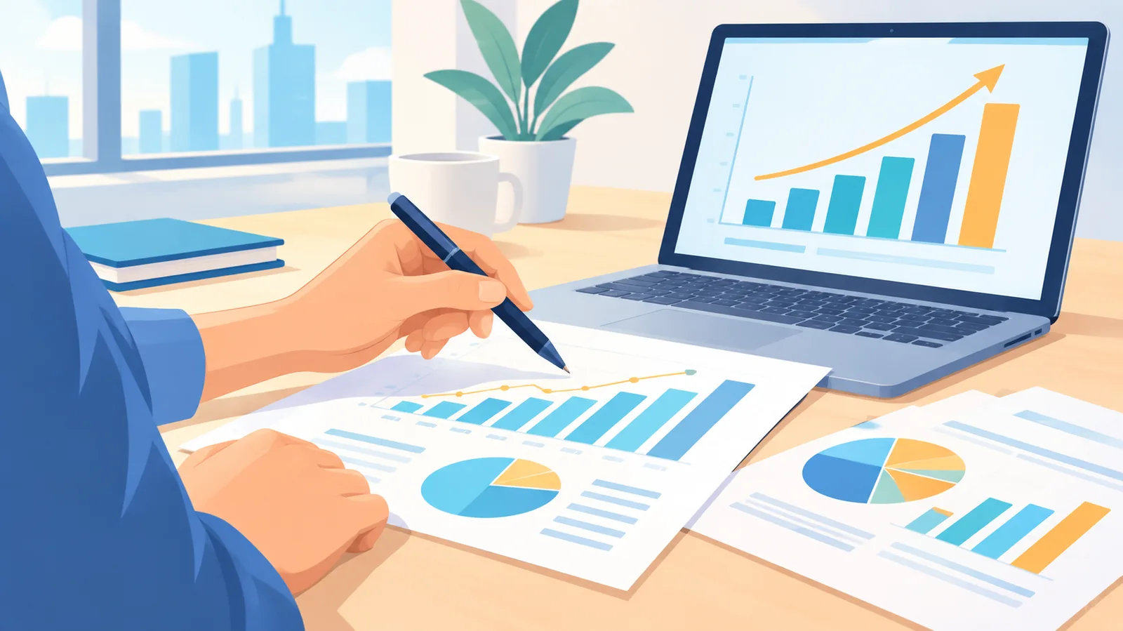 Scrivania con grafici stampati e laptop per l'analisi dei dati salariali