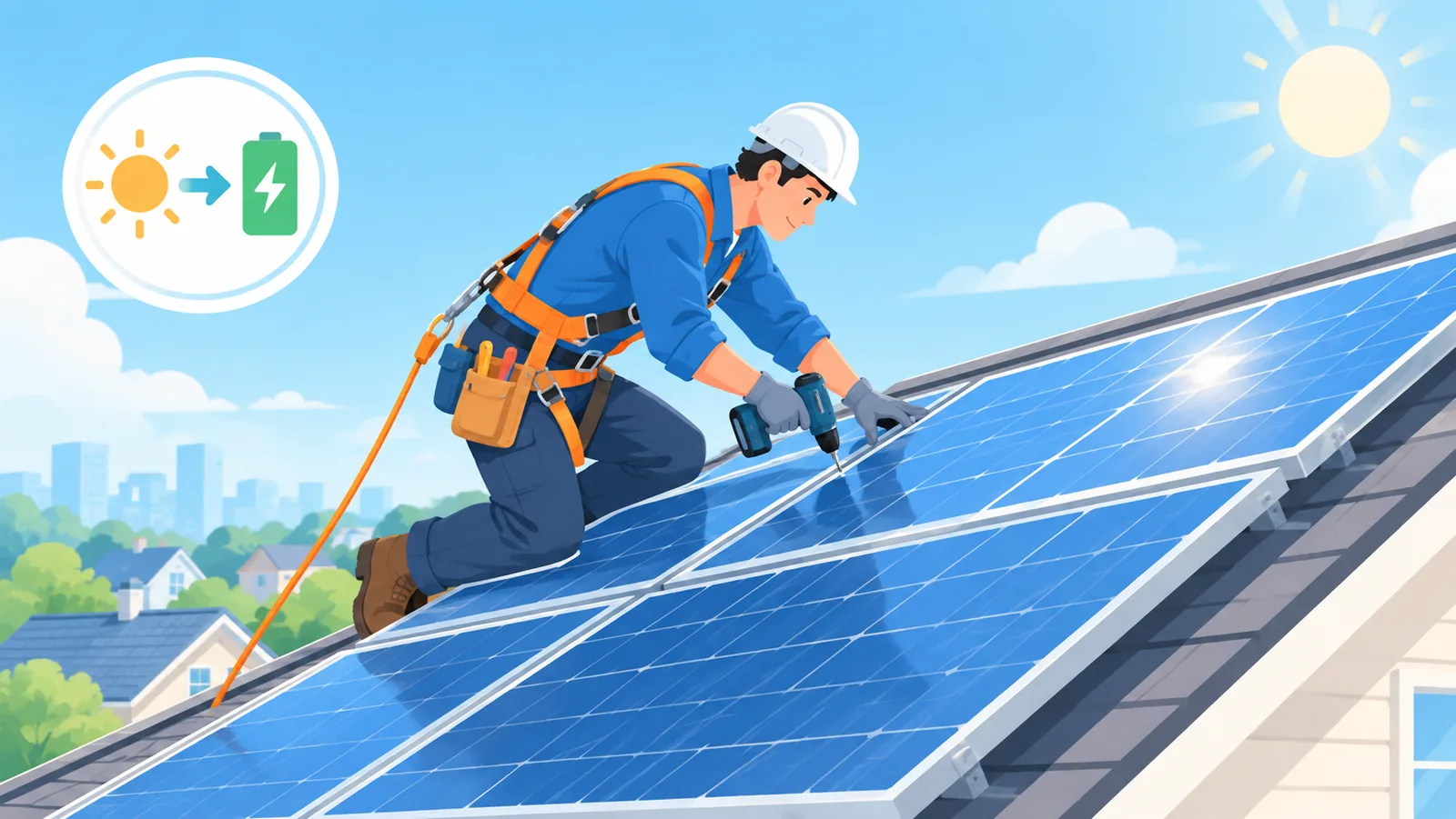 Tecnico che installa pannelli fotovoltaici su un tetto