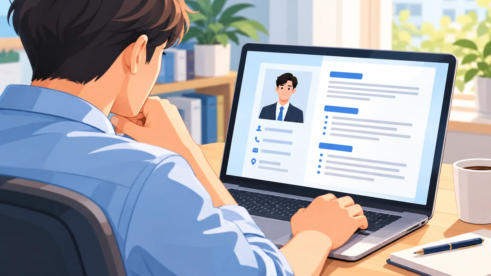 Persona che consulta un modello di CV online al computer