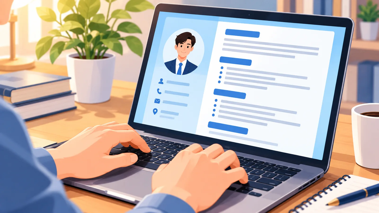 Mani che digitano su una tastiera con un modello di CV sullo schermo