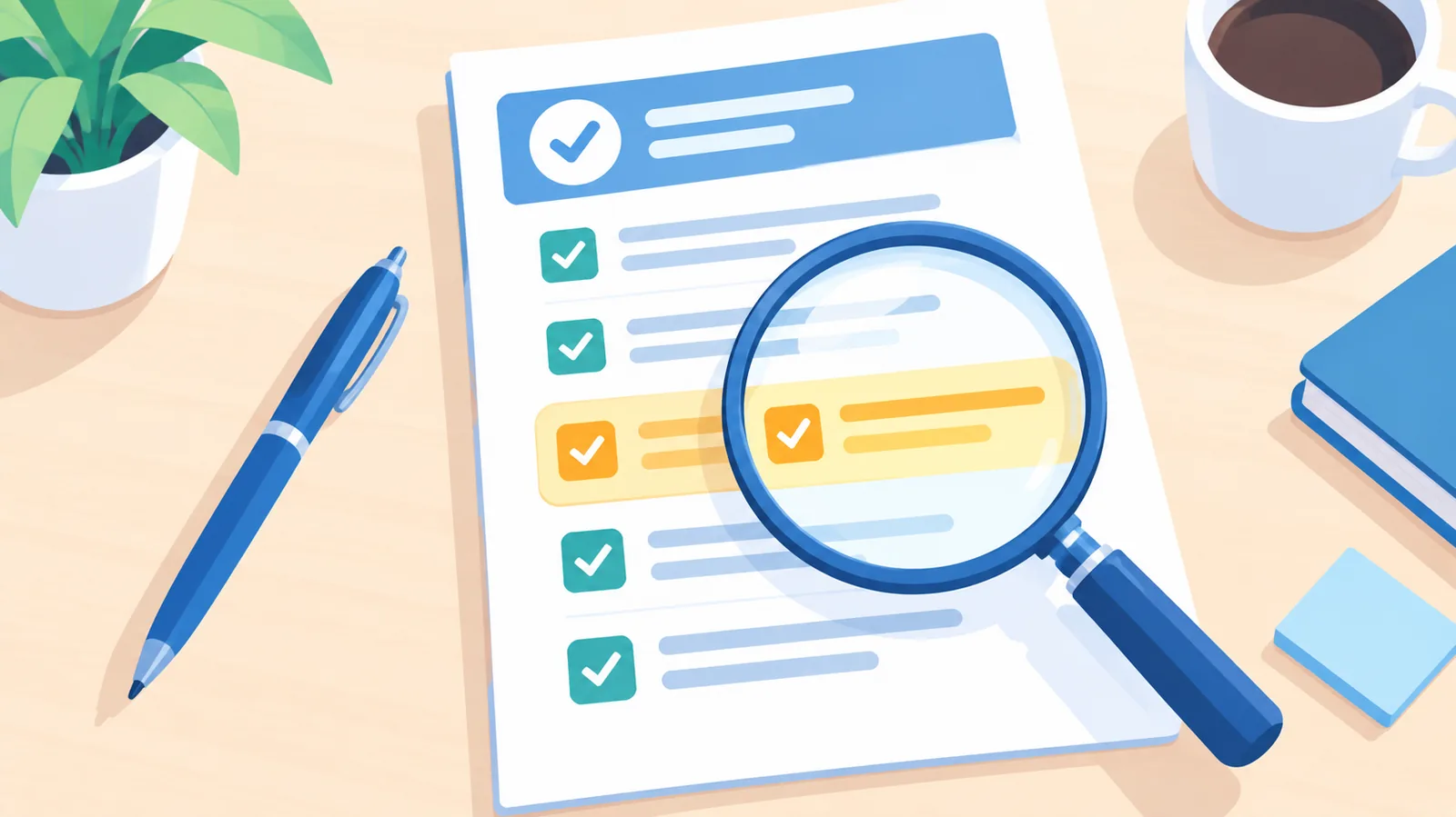 Checklist stampata con penna e lente per verificare i criteri di approvazione