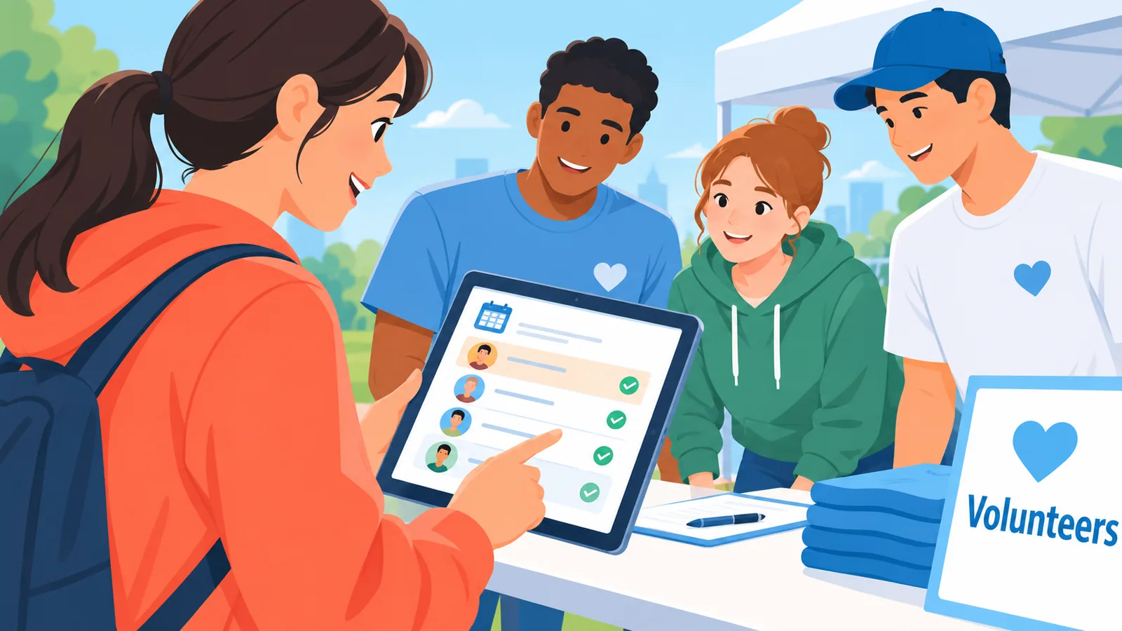 Volontari che organizzano un evento comunitario con un tablet